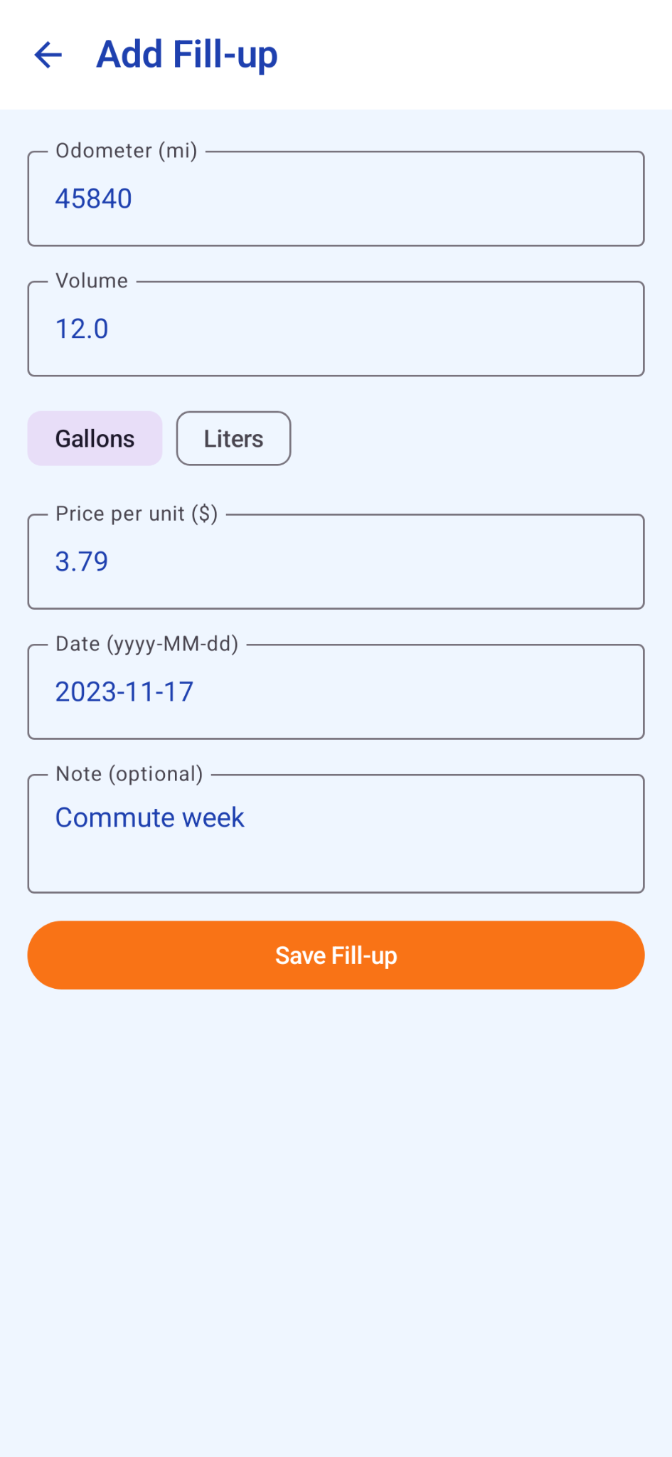Road Fuel Pad add fill-up screen